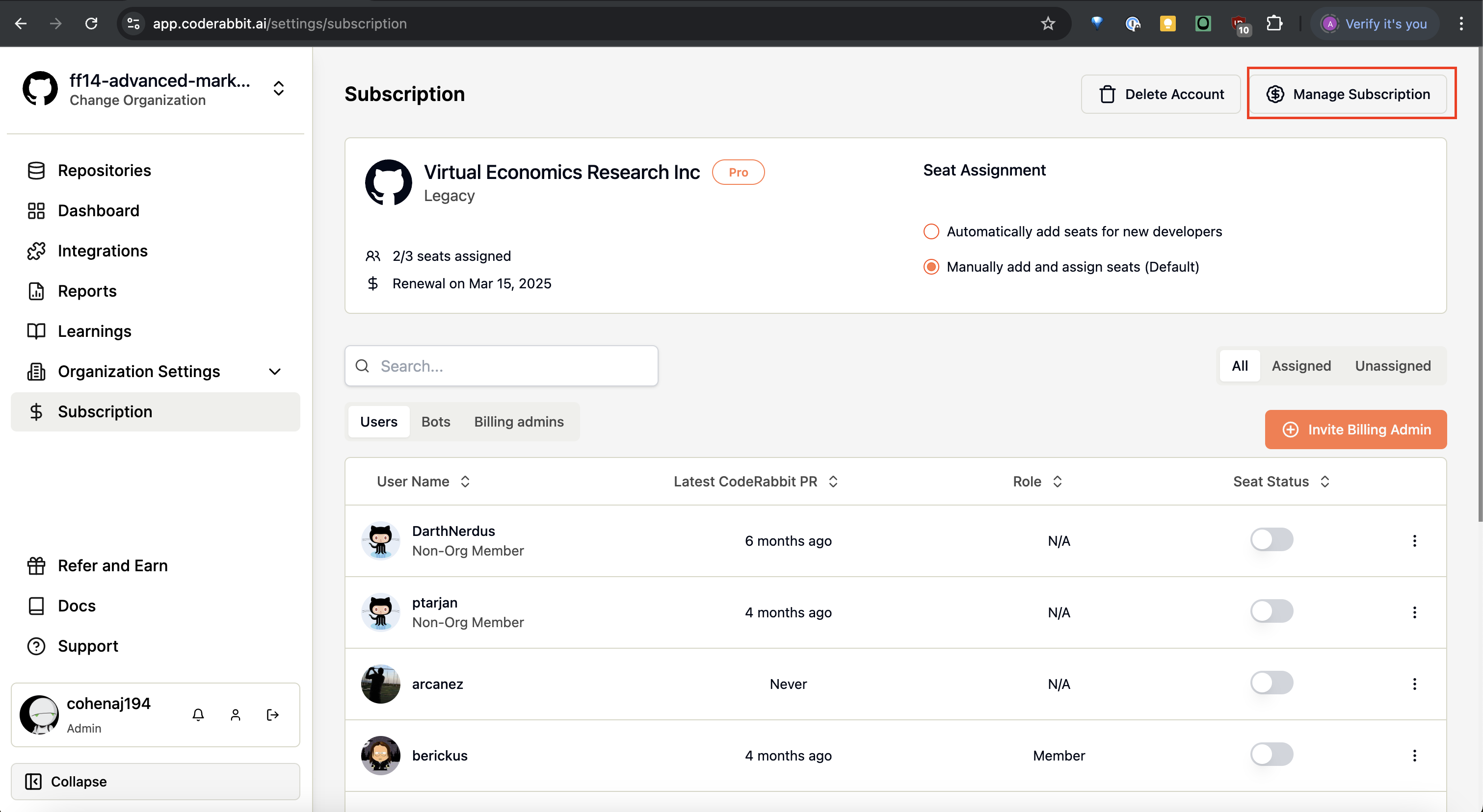 Subscription page navigation